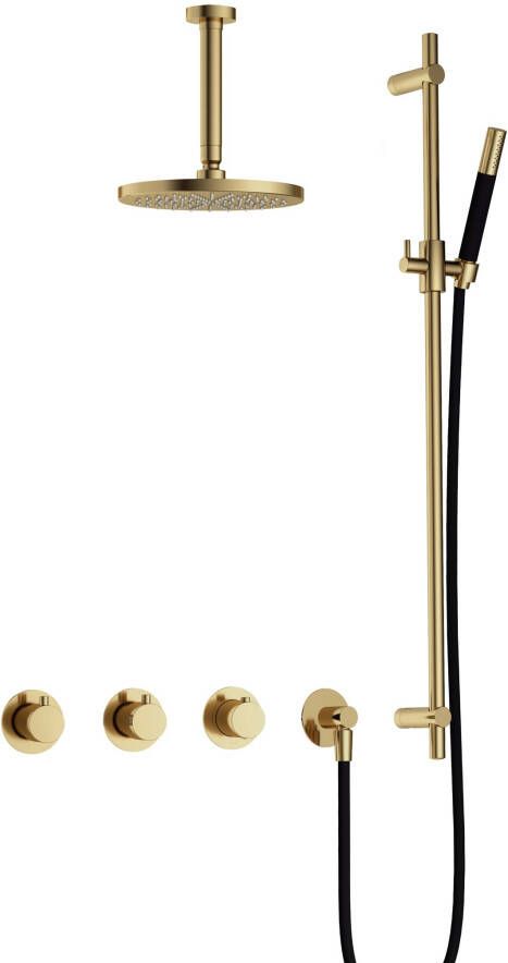 Hotbath Cobber complete thermostatische douche inbouwset cobber 70 met 2 stopkranen met plafondbuis 15 cm en glijstang gepolijst messing