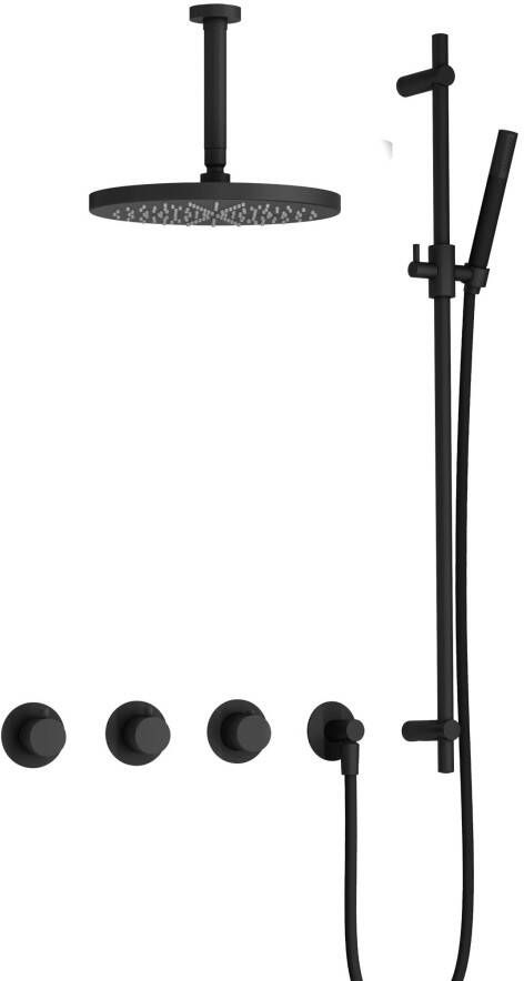 Hotbath Cobber complete thermostatische douche inbouwset cobber 70 met 2 stopkranen met plafondbuis 15 cm 30 cm hoofddouche en glijstang mat zwart