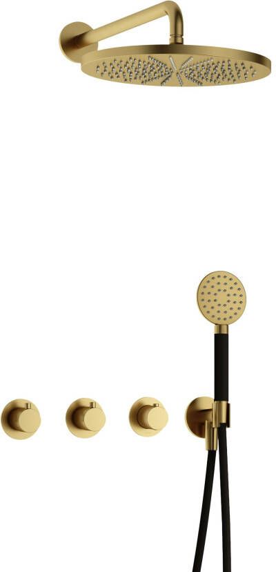 Hotbath Cobber complete thermostatische douche inbouwset cobber 70 met 2 stopkranen met ronde handdouche en 30 cm hoofddouche geborsteld messing - Foto 1