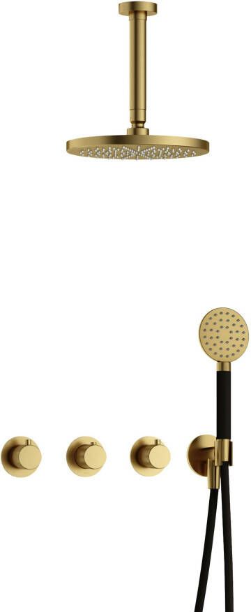 Hotbath Cobber X complete thermostatische douche inbouwset cobberx 70 met 2 stopkranen met ronde handdouche en plafondbuis 15 cm geborsteld messing