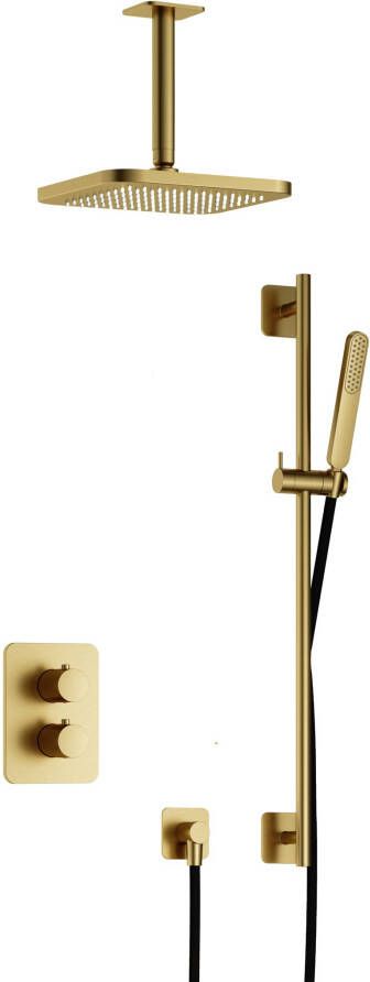 Hotbath Gal IBS40A complete thermostatische douche inbouwset met 2-weg stop omstel met 15cm plafondarm 22cm vierkante hoofddouche staafhanddouche met glijstang messing geborsteld PVD IBS40ABBP27