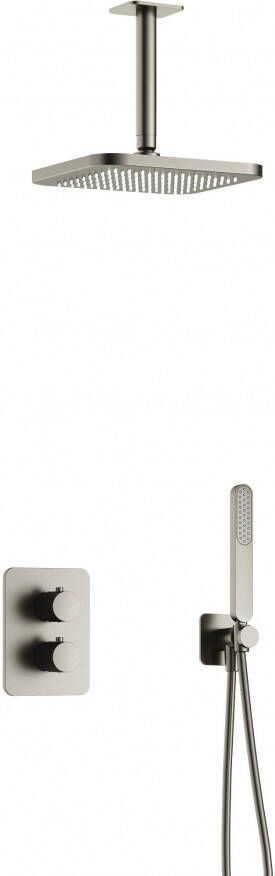 Hotbath Gal IBS40A complete thermostatische douche inbouwset met 2 functies stop omstel met 15cm plafondarm 22cm rechtoekige hoofddouche staafhanddouche nikkel geborsteld IBS40AGNP2