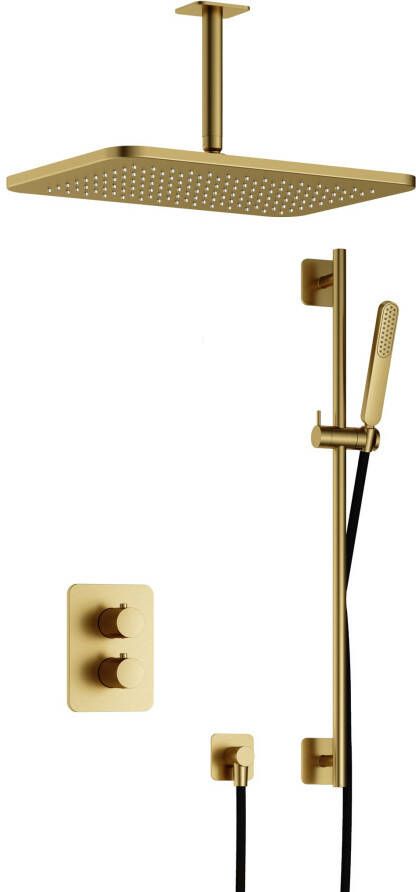 Hotbath Gal IBS40A complete thermostatische douche inbouwset met 2-weg stop omstel met 15cm plafondarm 27cm rechtoekige hoofddouche staafhanddouche met glijstang messing geborsteld PVD IBS40ABBP257 - Foto 2