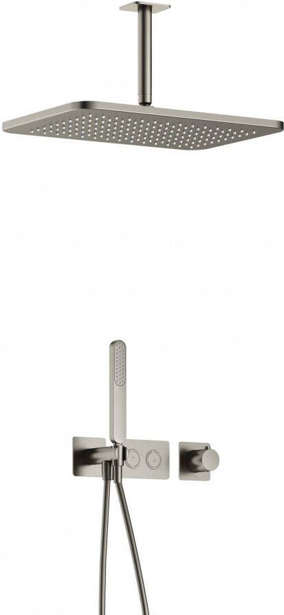 Hotbath Gal IBS41 complete thermostatische douche inbouwset met 2 pushbuttons met 15cm plafondarm 27cm rechtoekige hoofddouche staafhanddouche nikkel geborsteld IBS41GNP25