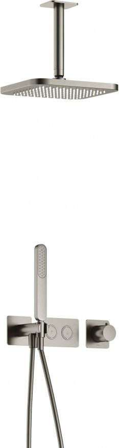Hotbath Gal IBS41 complete thermostatische douche inbouwset met 2 pushbuttons met 15cm plafondarm 22cm vierkante hoofddouche staafhanddouche nikkel geborsteld IBS41GNP2