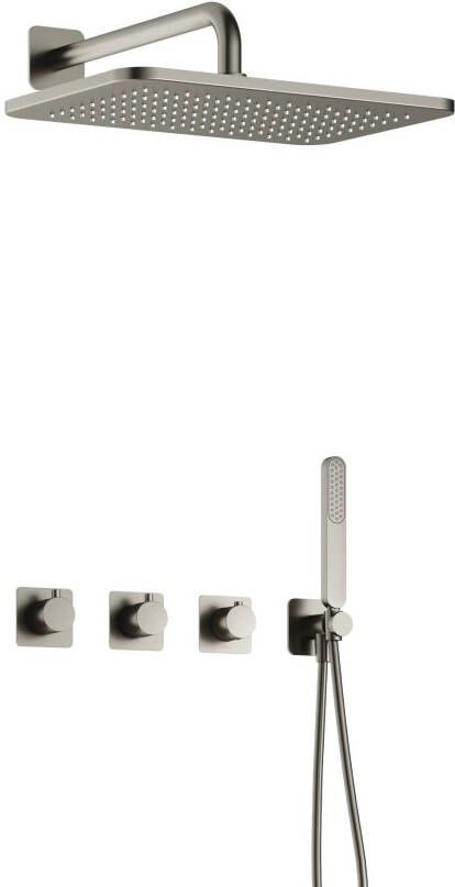 Hotbath Gal IBSGL70 complete thermostatische douche inbouwset met 2 stopkranen met 35cm wandarm 27cm rechtoekige hoofddouche staafhanddouche nikkel geborsteld PVD IBSGL70GNP5