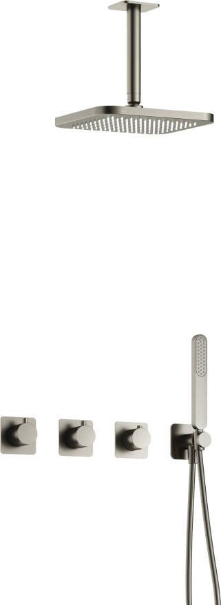 Hotbath Gal IBSGL70 complete thermostatische douche inbouwset met 2 stopkranen met 15cm plafondarm 22cm vierkante hoofddouche staafhanddouche nikkel geborsteld PVD IBSGL70GNP2