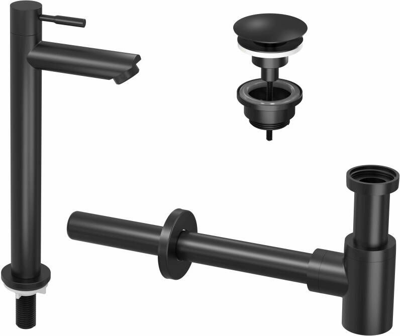Ink 2A Fonte raanset staande Fonte raan hoog always open plug en designSifon zwart mat 9902411