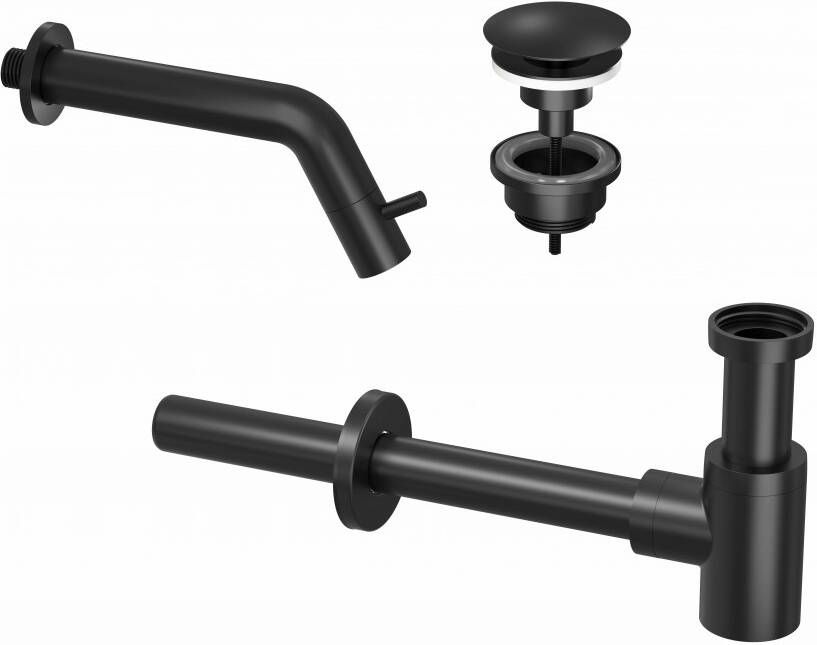 Douche Concurrent Toiletkraan Set Inbouw Muur Rond Koudwaterkraan Mat Zwart Inkortbaar met Sifon en Always Open Plug