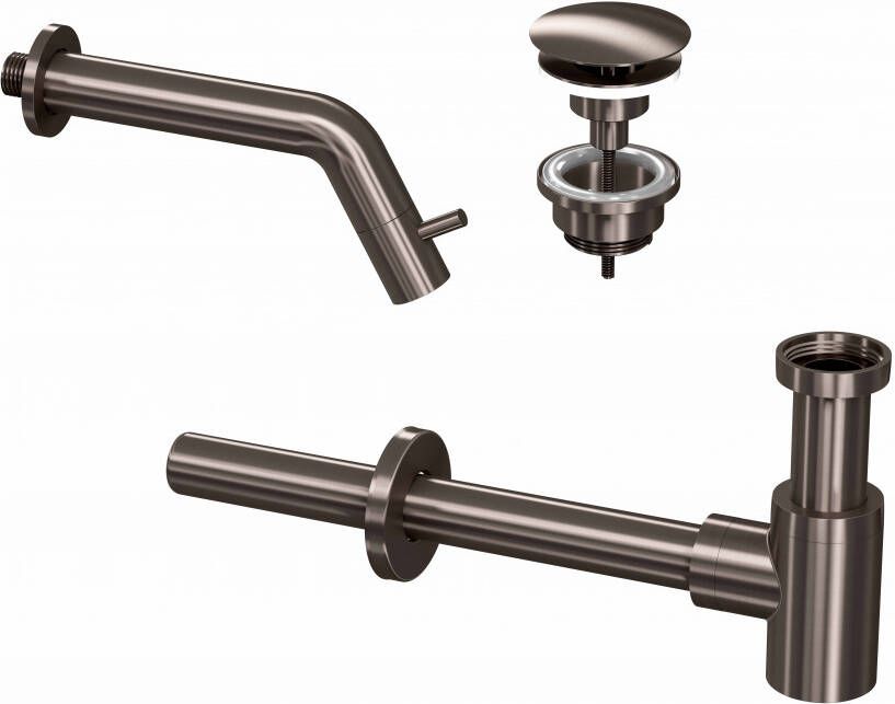 Douche Concurrent Toiletkraan Set Inbouw Muur Rond Koudwaterkraan Gunmetal Inkortbaar met Sifon en Always Open Plug