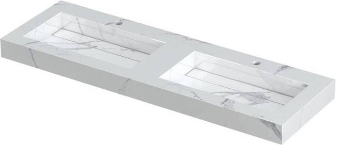 Ink Pitch Wastafel keramische slab bak dubbel met drain en front en side skirts 2 kraangaten Statuario glans 1600x450x90 mm (bxdxh)