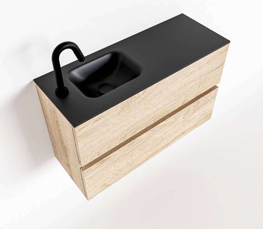 Mondiaz ADA Toiletmeubel 80x30x50cm met 1 kraangaten 2 lades washed oak mat Wastafel Lex links Solid Surface Zwart FK75342331 - Foto 2