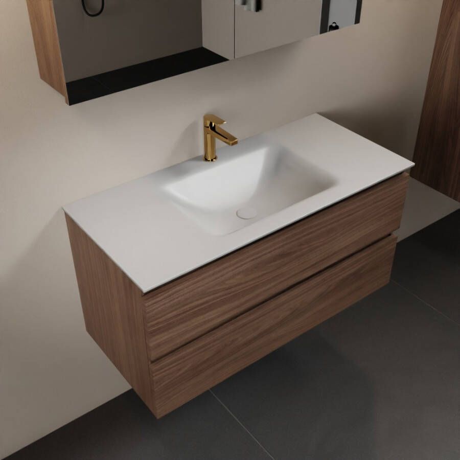 Mondiaz AIVY 100cm badmeubel Mocha wastafel Talc solid surface midden 1 kraangat met spiegelkast (AI-351321TALC-SI AI-M100MOMI AI-C100MOMI) - Foto 1