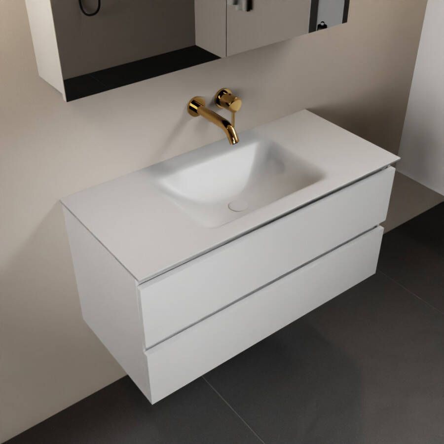 Mondiaz AIVY 100cm badmeubel Talc wastafel Talc solid surface midden zonder kraangat met spiegelkast (AI-351321TALC-NO AI-M100TAMI AI-C100TAMI)