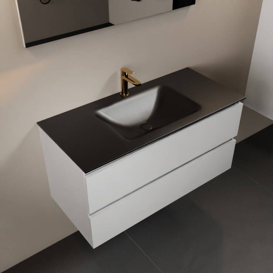 Mondiaz Aivy badmeubelset 100x45x50cm 1 kraangat 1 wasbak urban Solid surface Midden 2 lades Zonder spiegel MDF Talc AIVY80059