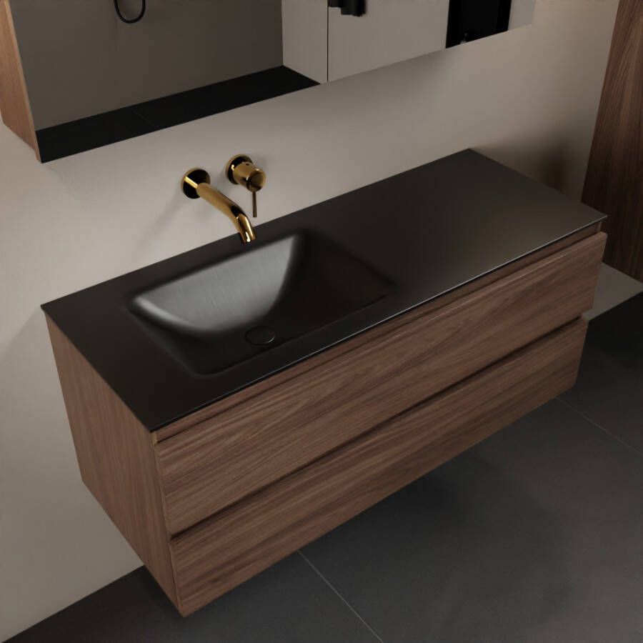 Mondiaz AIVY 120cm badmeubel Mocha wastafel Urban solid surface links zonder kraangat met spiegelkast (AI-351631URBAN-NO AI-M120MOLI AI-C120MOMI)