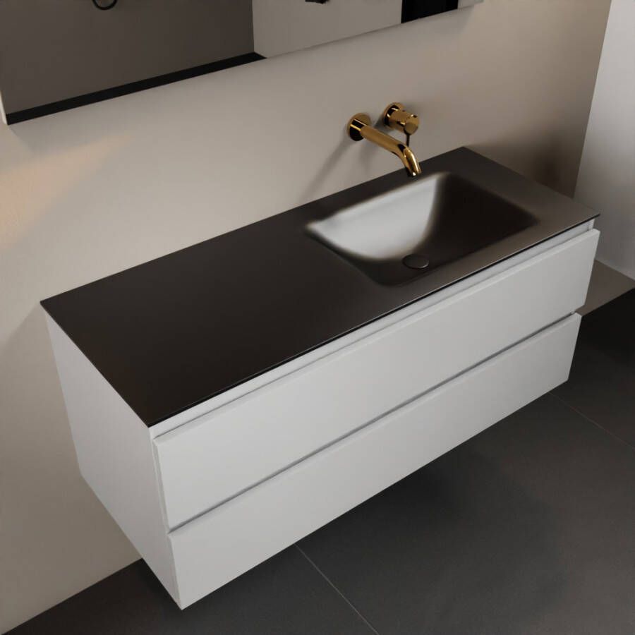 Mondiaz AIVY 120cm badmeubel Talc wastafel Urban solid surface rechts zonder kraangat met spiegel (AI-351641URBAN-NO AI-M120TARE AI-S120X72)