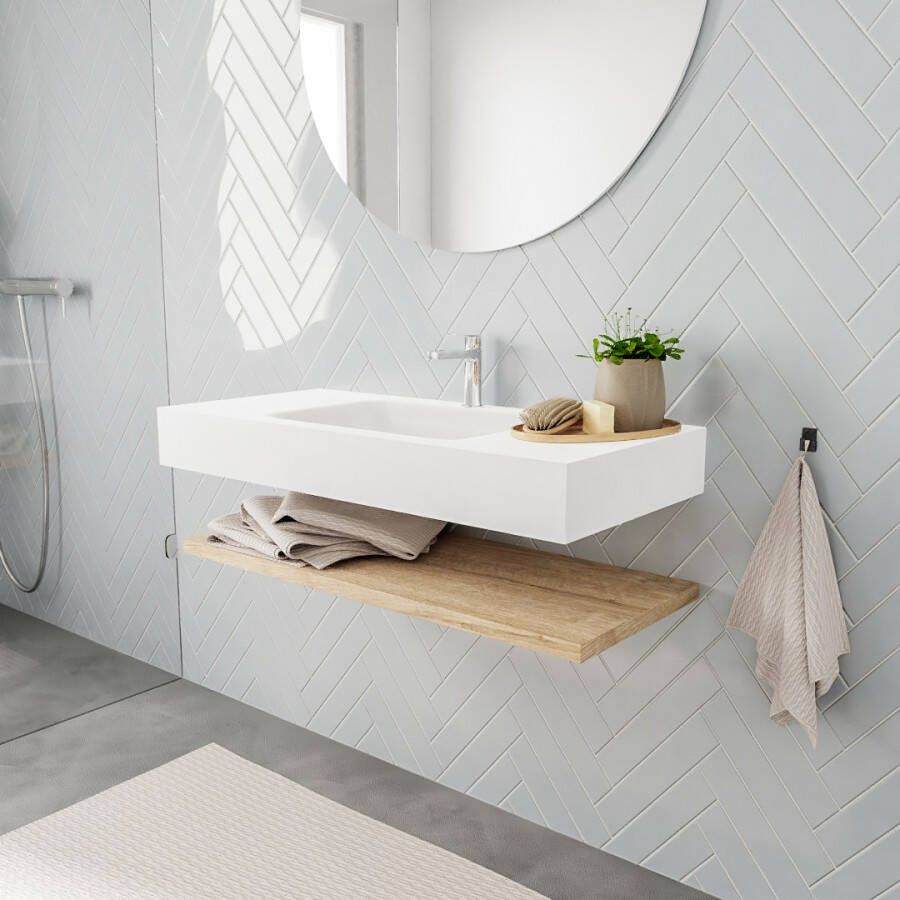 Aqua Splash Badkamermeubel AQS Ibiza 100 cm met Washed Oak Planchet Solid Surface Wastafel Mat Wit Badmeubel Ibiza 100 cm Washed Oak Planchet Solid - Foto 5