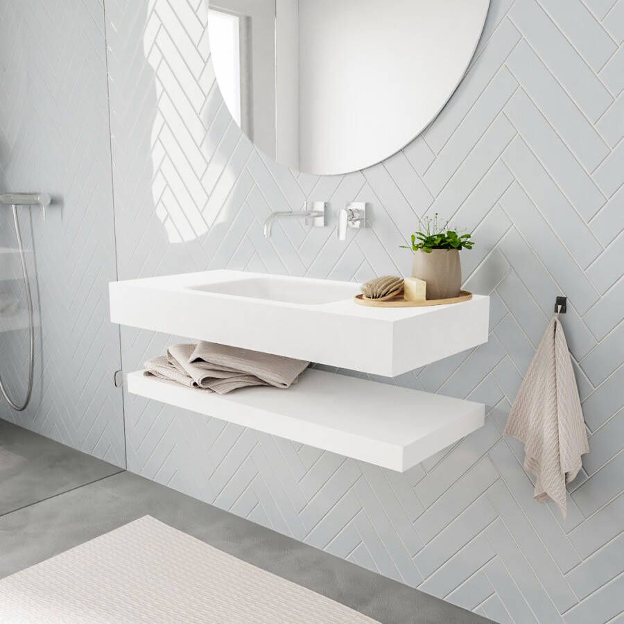 Aqua Splash Badkamermeubel AQS Ibiza 100 cm met Planchet Solid Surface Mat Wit Badmeubel Ibiza 100 cm Solid Surface Planchet Spoelbak Midden Mat Wit