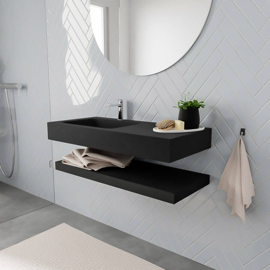 Mondiaz ALAN 100cm Badkamermeubelset solid surface planchet met vrijhangende wastafel wasbak links 1 kraangat urban M49850UB0M49301UB1