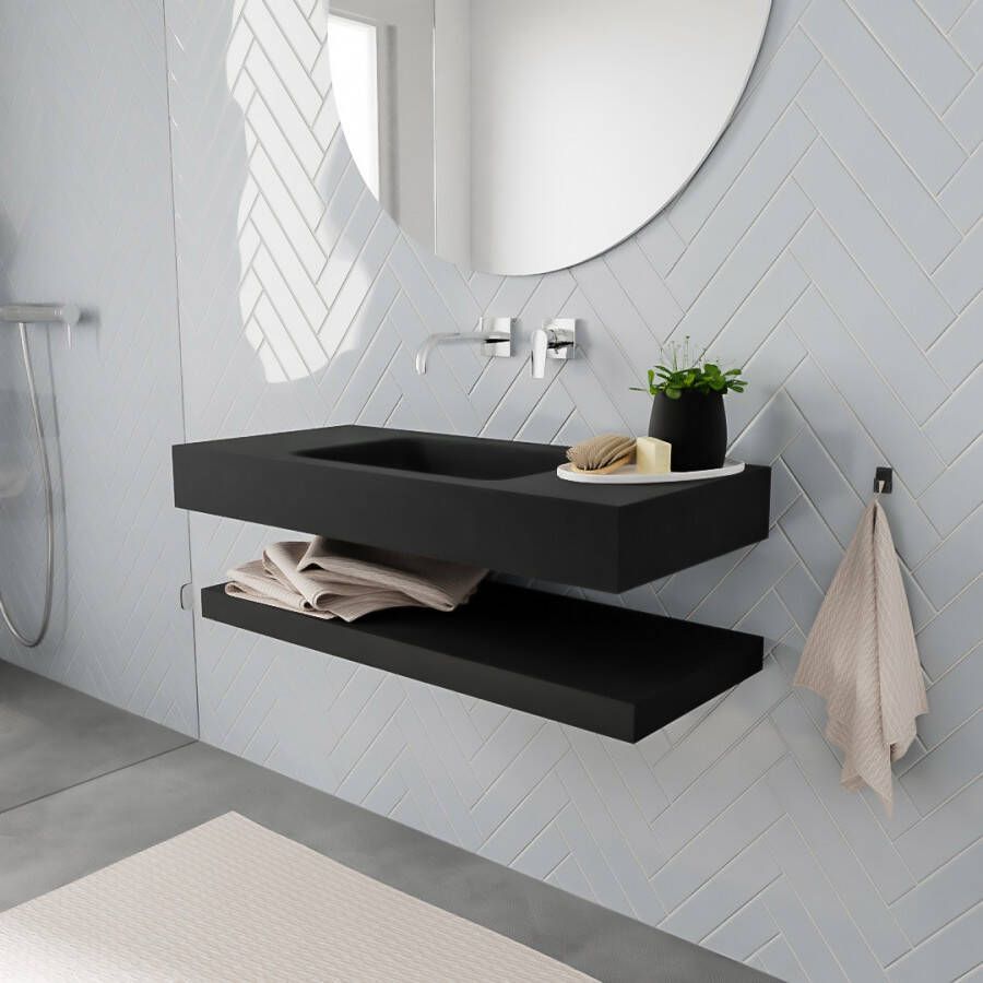 Aqua Splash Badkamermeubel AQS Ibiza 100 cm met Planchet Solid Surface Mat Zwart Badmeubel Ibiza 100 cm Solid Surface Planchet Spoelbak Midden Mat - Foto 2
