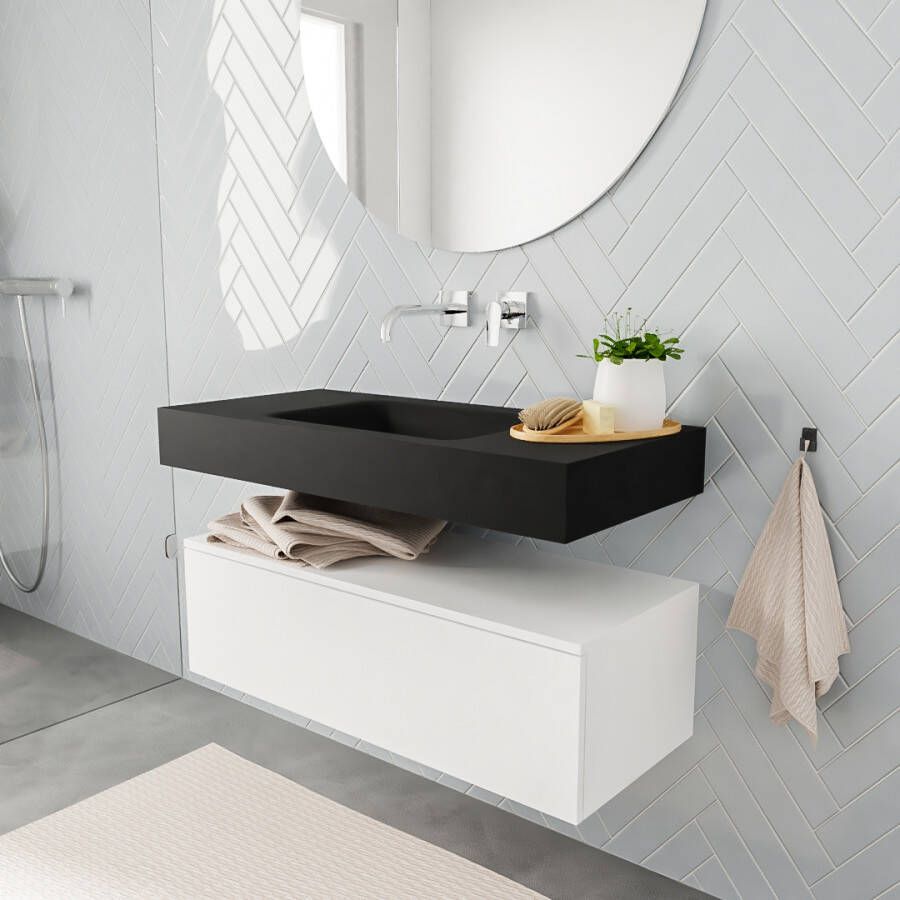 Aqua Splash Badkamermeubel AQS Ibiza 100 cm Mat Wit Solid Surface Wastafel Mat Zwart Badmeubel Ibiza 100 cm Mat Wit Spoelbak Midden Mat Zwart (0