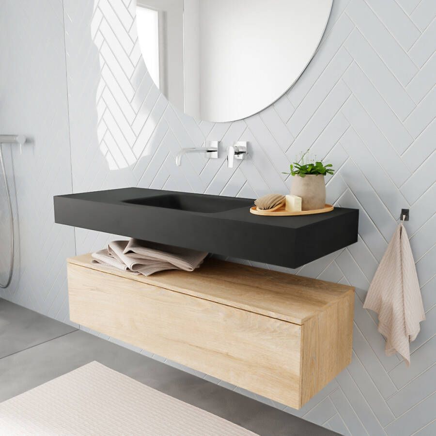 Aqua Splash Badkamermeubel AQS Ibiza 120 cm Washed Oak Solid Surface Wastafel Mat Zwart Badmeubel Ibiza 120 cm Washed Oak Spoelbak Midden Mat Zwart - Foto 3