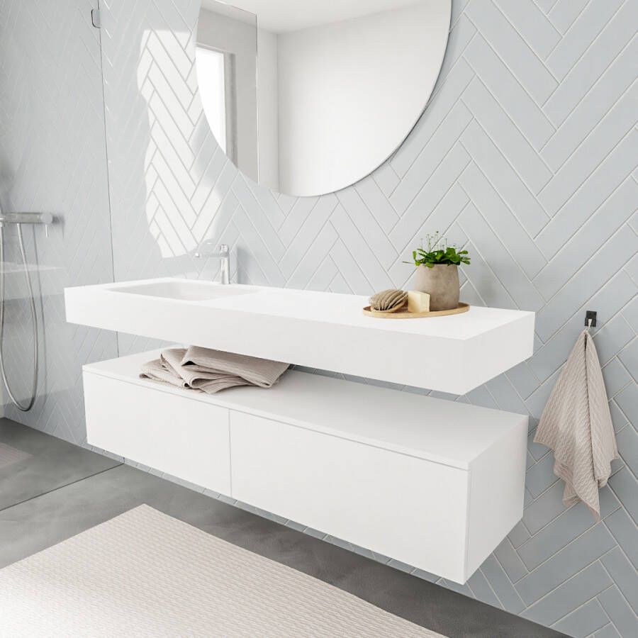 Aqua Splash Badkamermeubel AQS Ibiza 150 cm Twee Soft-Close Lades Solid Surface Wastafel Mat Wit Badmeubel Ibiza 150 cm Twee Lades Spoelbak Midden - Foto 3