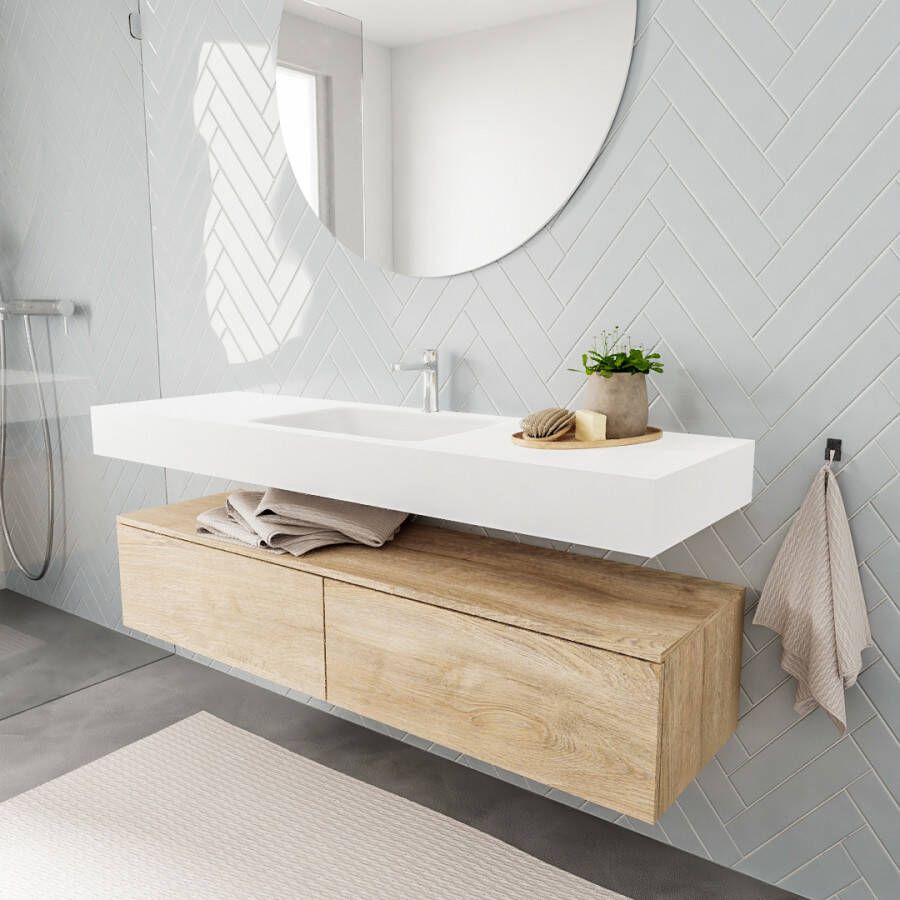 Aqua Splash Badkamermeubel AQS Ibiza 150 cm Washed Oak Twee Soft-Close Lades Solid Surface Wastafel Mat Wit Badmeubel Ibiza 150 cm Washed Oak Twee - Foto 6