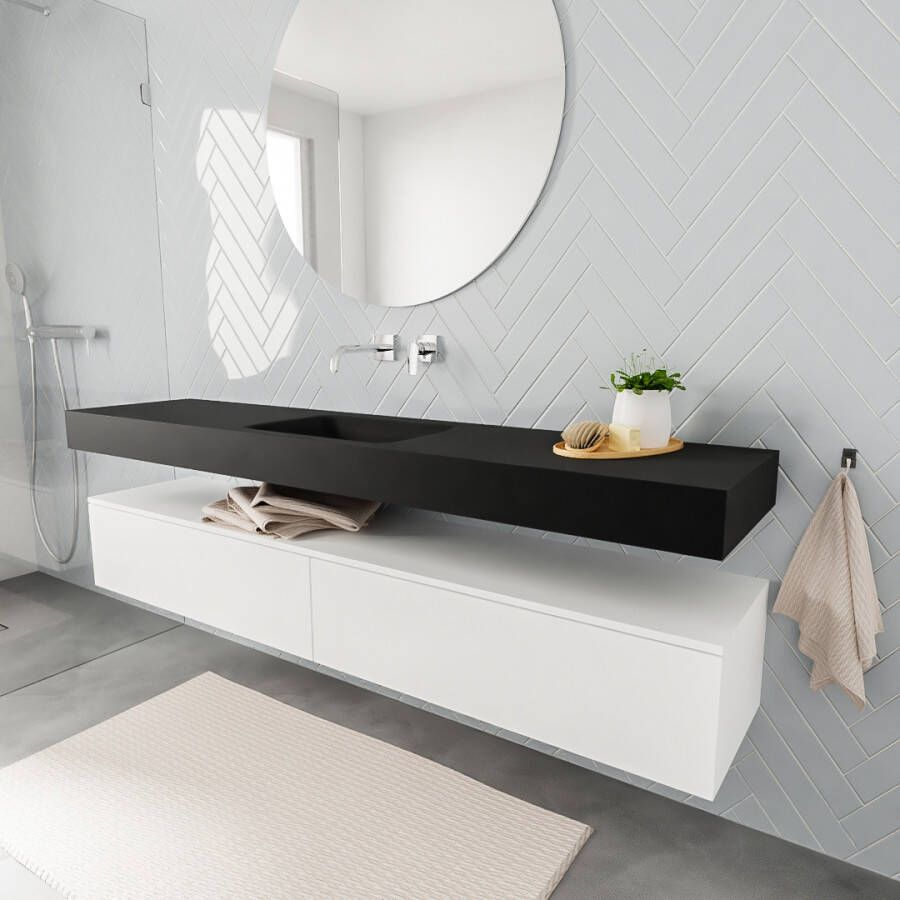 Aqua Splash Badkamermeubel AQS Ibiza 200 cm Mat Wit Twee Soft-Close Lades Solid Surface Wastafel Mat Zwart Badmeubel Ibiza 200 cm Mat Wit Twee Lades - Foto 2
