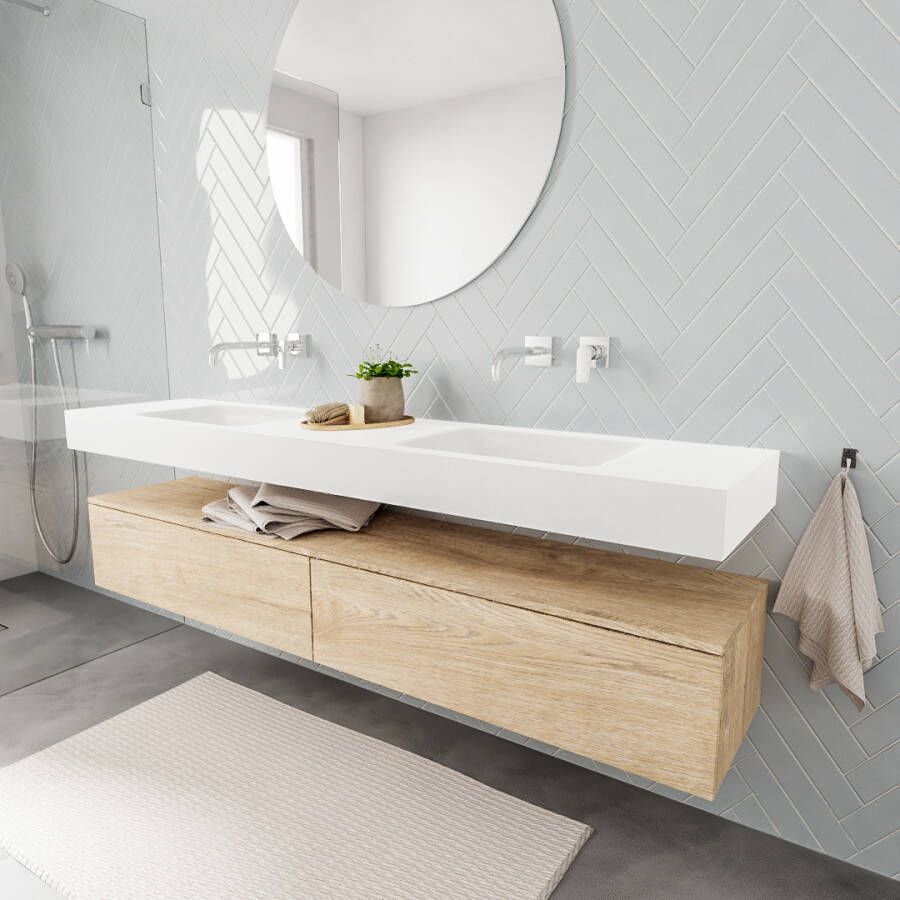 Aqua Splash Badkamermeubel AQS Ibiza 200 cm Washed Oak Twee Soft-Close Lades Solid Surface Wastafel Mat Wit Badmeubel Ibiza 200 cm Washed Oak Twee - Foto 2