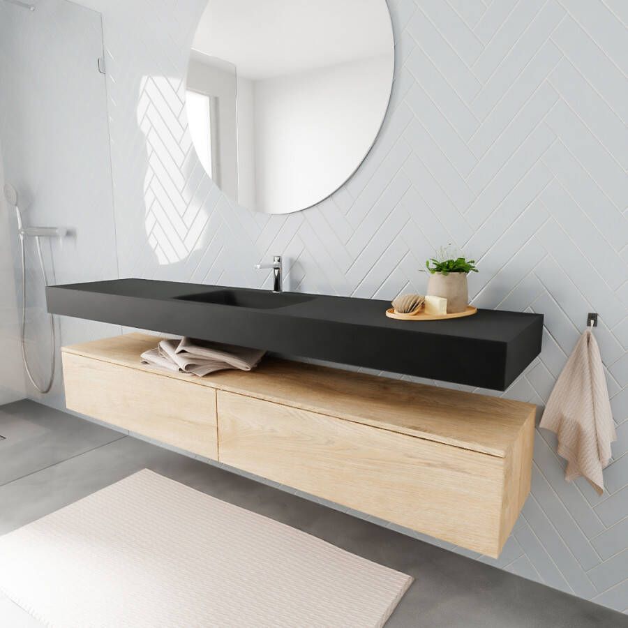 Aqua Splash Badkamermeubel AQS Ibiza 200 cm Washed Oak Twee Soft-Close Lades Solid Surface Wastafel Mat Zwart Badmeubel Ibiza 200 cm Washed Oak Twee - Foto 3