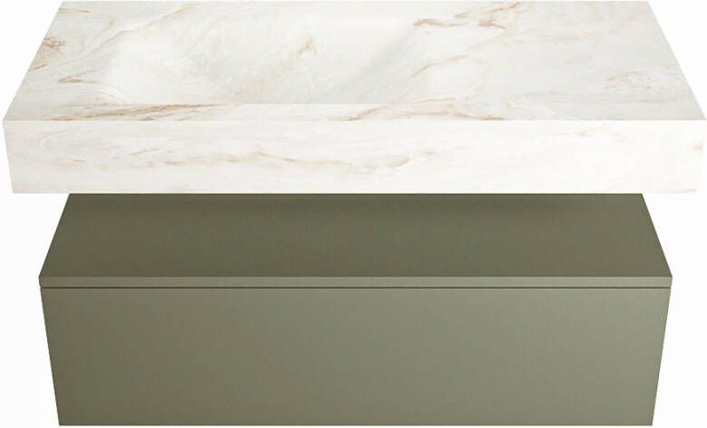 Mondiaz Alan Dlux badmeubel 100cm Army Cloud wastafel Frappe links met 1 kraangat