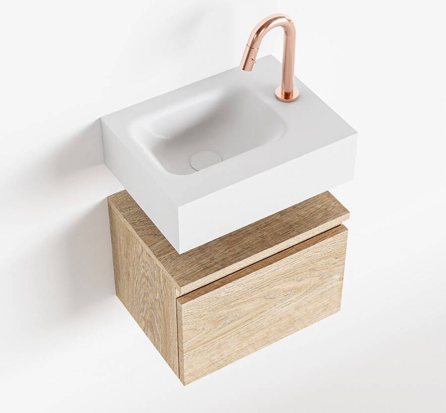 Mondiaz ANDOR Toiletmeubel 40x30x30cm met 1 kraangaten 1 lades washed oak mat Wastafel Lex links Solid Surface Wit FK75343363