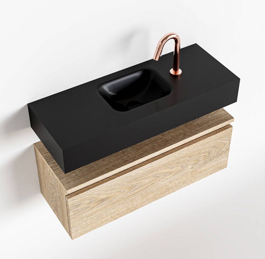 Mondiaz ANDOR Toiletmeubel 80x30x30cm met 1 kraangaten 1 lades washed oak mat Wastafel Lex midden Solid Surface Zwart FK75343721