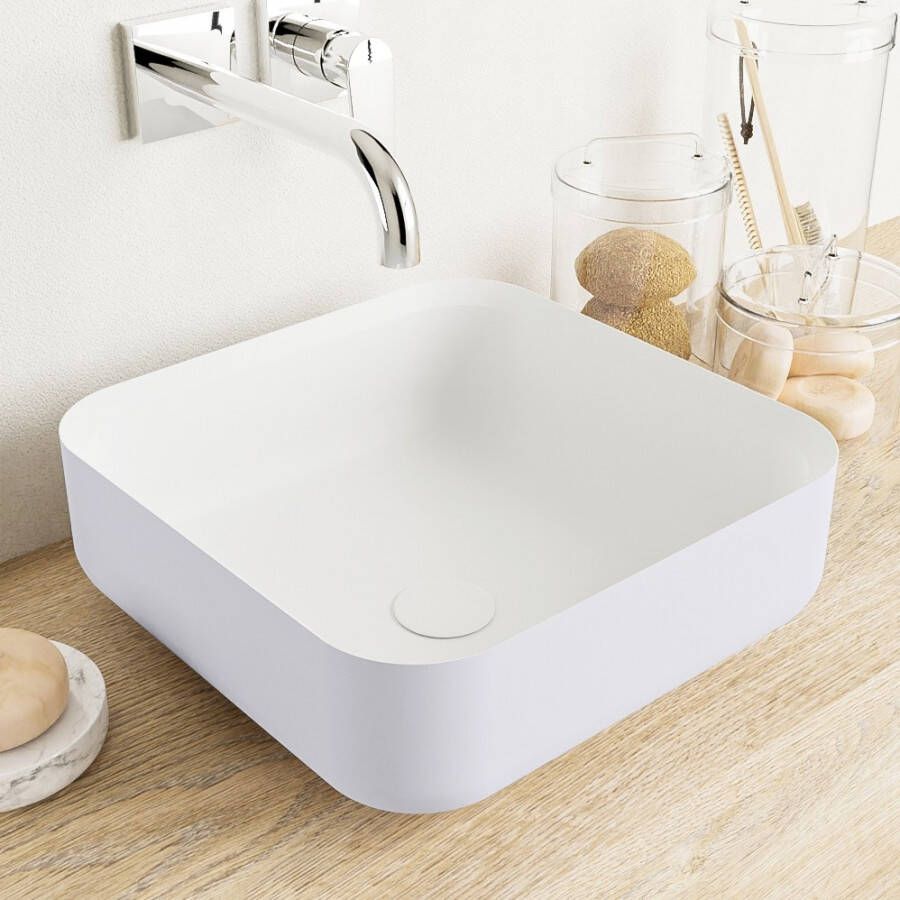 Mondiaz Binx waskom 36x36x13cm vierkant opbouw Solid Surface Cale Talc M49903CaleTalc
