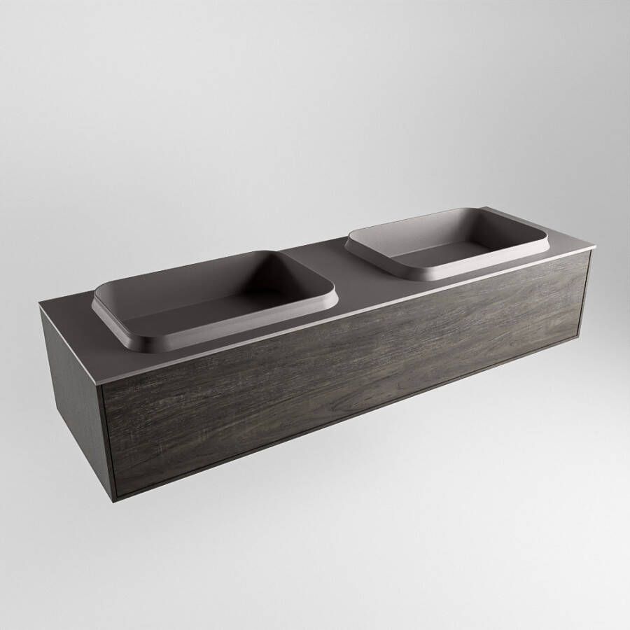 Mondiaz Erin badmeubel 150cm Dark Brown Ridge wastafel Dark Grey Dubbel met 2 kraangaten