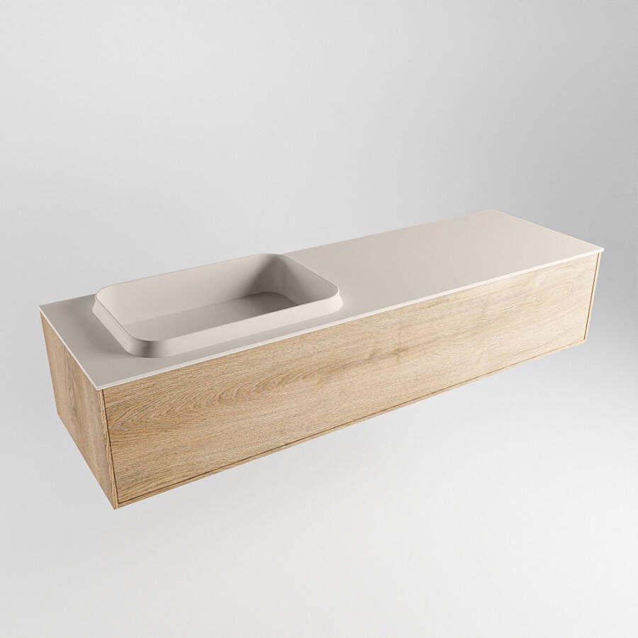 Mondiaz ERIN 150cm badmeubelset onderkast kleur Washed oak met 1 lade Wastafel RIDGE links 1 kraangat kleur Linen ERIN12940