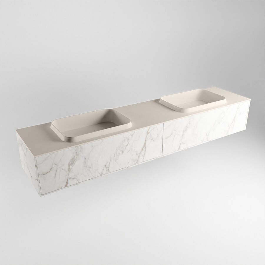 Mondiaz ERIN 200cm badmeubelset onderkast kleur carrara met 2 lades Wastafel RIDGE dubbel 2 kraangaten kleur Linen ERIN12992