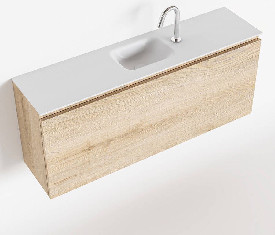 Mondiaz OLAN Fonteinset 120x30x40cm 1 kraangat 1 lade washed oak mat wasbak midden Solid Surface Wit FK75342689