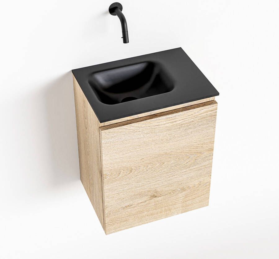 Mondiaz OLAN Toiletmeubel 40x30x40cm met 0 kraangaten 1 lades washed oak mat Wastafel Lex links Solid Surface Zwart FK75343016