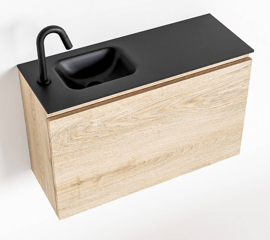 Mondiaz OLAN Toiletmeubel 80x30x40cm met 1 kraangaten 1 lades washed oak mat Wastafel Lex links Solid Surface Zwart FK75343027