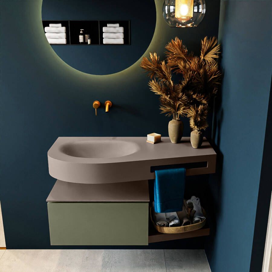 Mondiaz RIVA badmeubelsets 100x50x30cm 1 lade MDF Army mat push to open 0 kraangaten 1 wasbak links Smoke solid surface RIVA10945