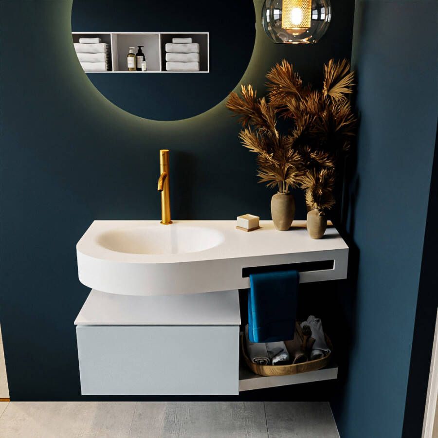 Mondiaz RIVA badmeubelsets 100x50x30cm 1 lade MDF Clay mat push to open 1 kraangat 1 wasbak links Talc solid surface RIVA10035 - Foto 1