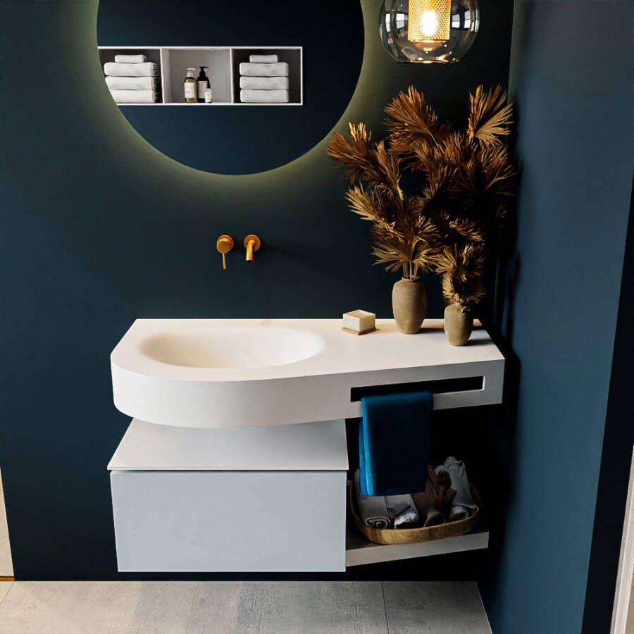 Mondiaz RIVA badmeubelsets 100x50x30cm 1 lade MDF Clay mat push to open 0 kraangaten 1 wasbak links Talc solid surface RIVA10033