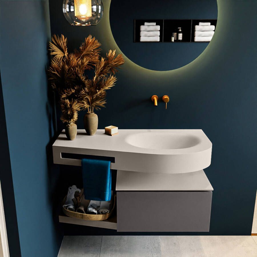 Mondiaz RIVA badmeubelsets 100x50x30cm 1 lade MDF Dark Grey mat push to open 0 kraangaten 1 wasbak rechts Linen solid surface RIVA10586 - Foto 2