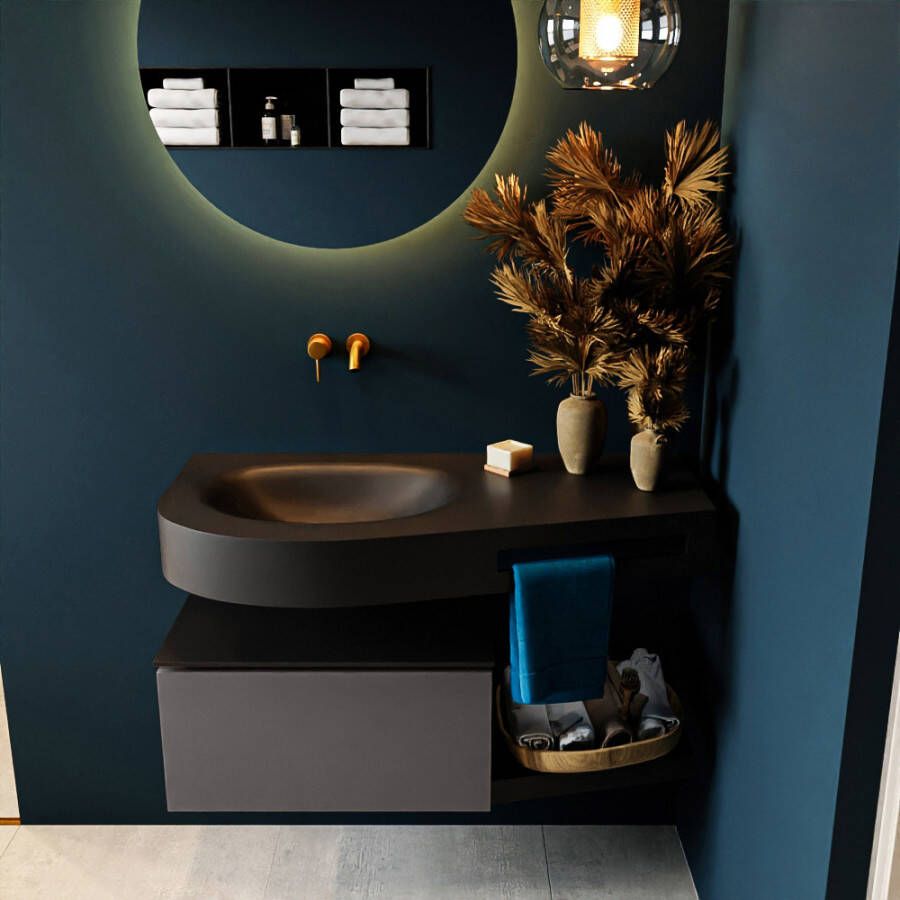 Mondiaz RIVA badmeubelsets 100x50x30cm 1 lade MDF Dark Grey mat push to open 0 kraangaten 1 wasbak links Urban solid surface RIVA10233