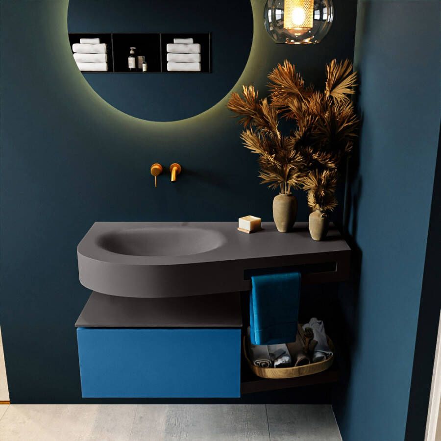 Mondiaz RIVA badmeubelsets 100x50x30cm 1 lade MDF Jeans mat push to open 0 kraangaten 1 wasbak links dark grey solid surface RIVA10441