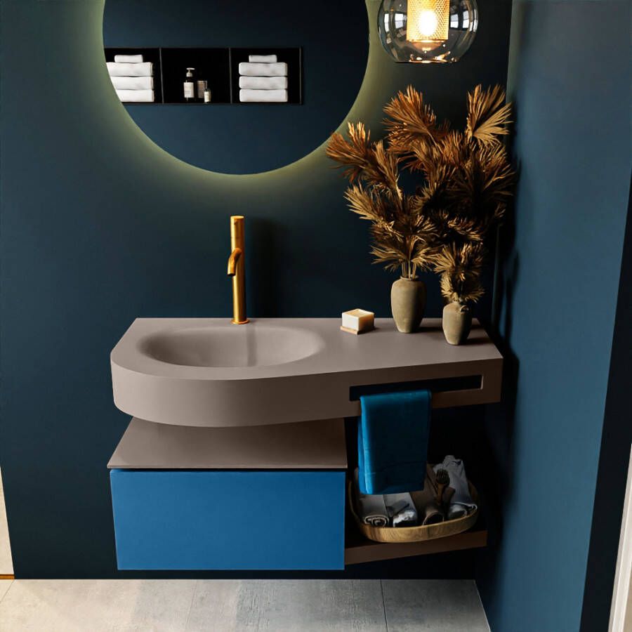 Mondiaz RIVA badmeubelsets 100x50x30cm 1 lade MDF Jeans mat push to open 1 kraangat 1 wasbak links Smoke solid surface RIVA10971