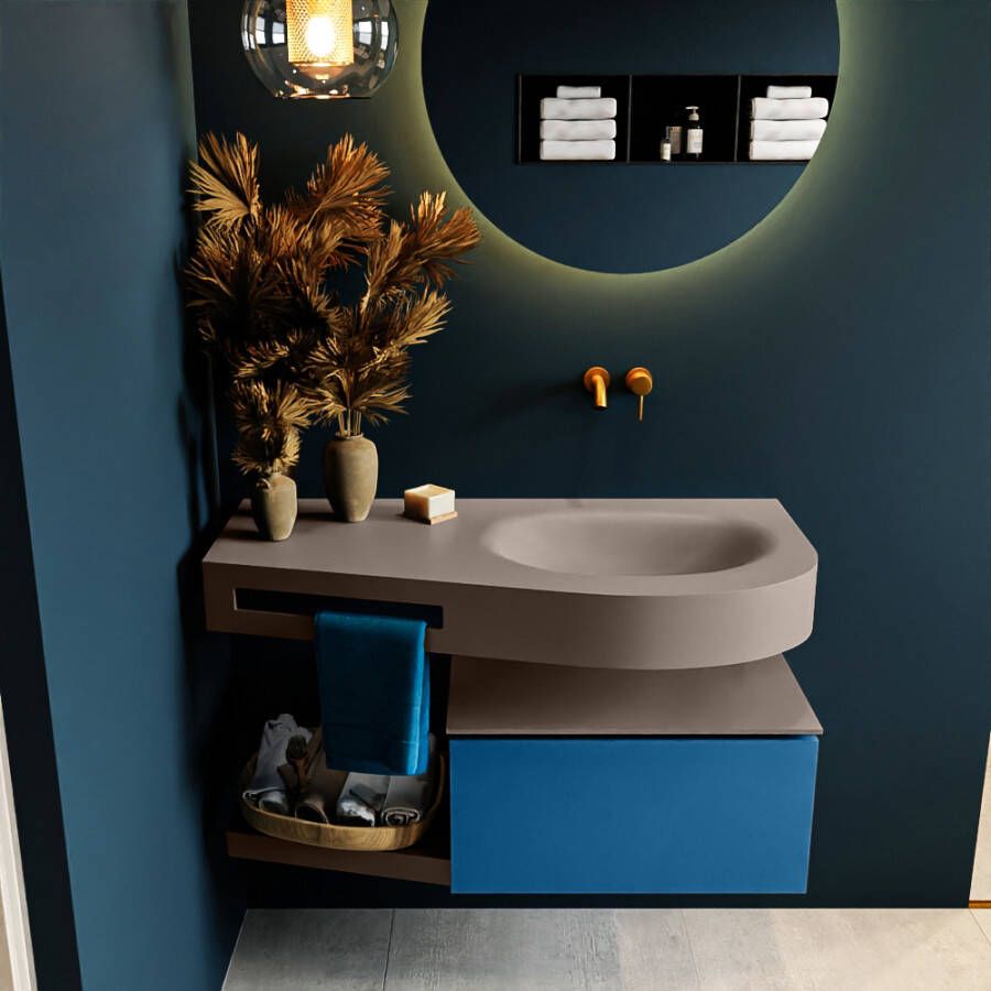 Mondiaz RIVA badmeubelsets 100x50x30cm 1 lade MDF Jeans mat push to open 0 kraangaten 1 wasbak rechts Smoke solid surface RIVA10970